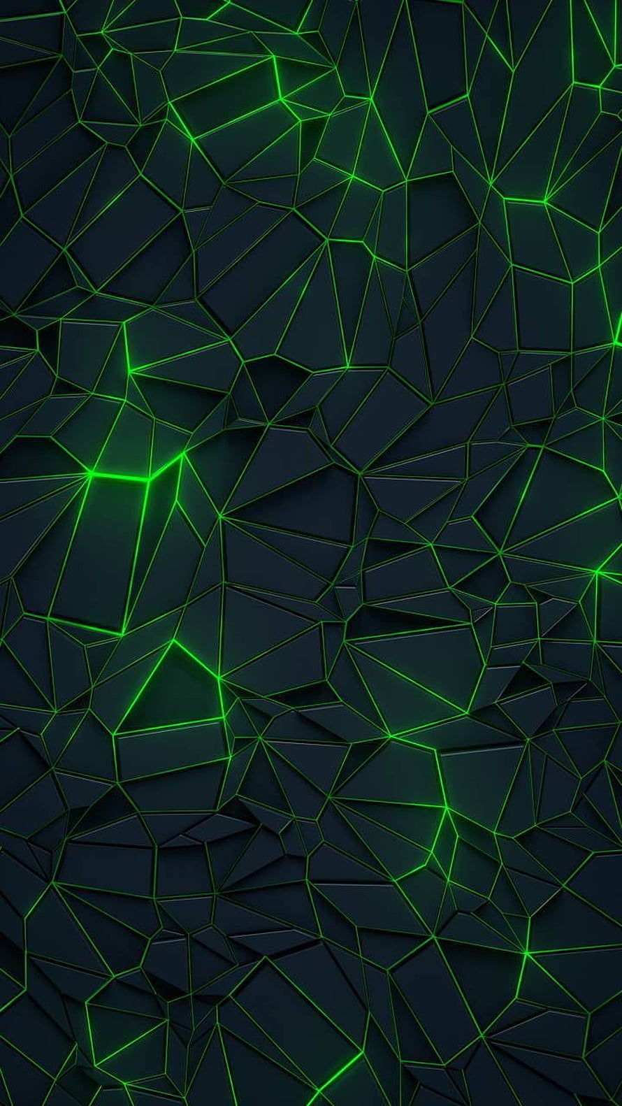 Geometric Low Poly Abstract Pattern with Glowing Green Neon Lines on Dark Background HD phone wallpaper