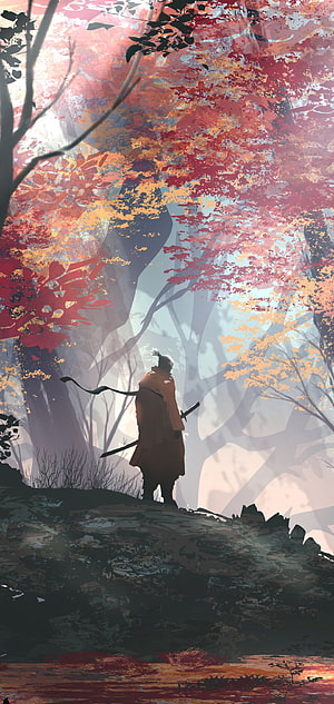 Samurai warrior standing in a misty autumn forest with vibrant red and orange foliage HD phone wallpaper