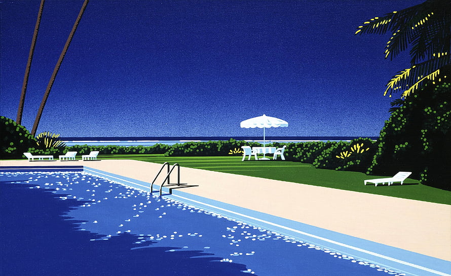 Retro Vintage Night Poolside Scene With Palm Trees And Ocean View Illustration HD wallpaper