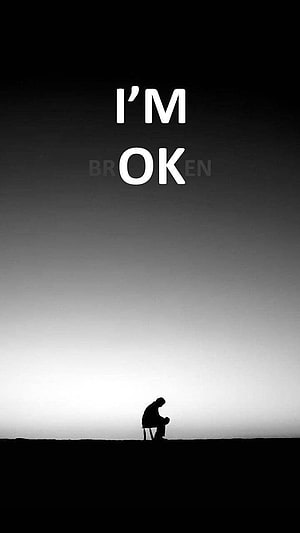 Lonely Silhouette Sitting Alone Against Gradient Sky With I'm Ok Text HD phone wallpaper