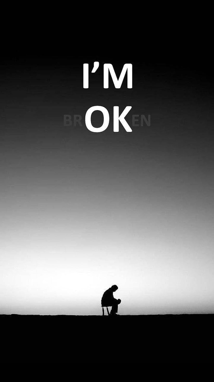 Lonely Silhouette Sitting Alone Against Gradient Sky With I'm Ok Text HD phone wallpaper