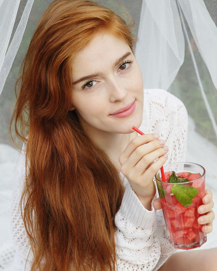 Jia Lissa Portrait with Watermelon Drink and White Knit Sweater HD phone wallpaper