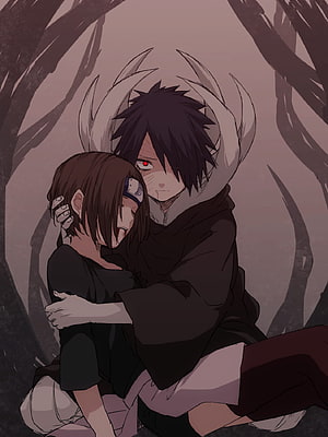 Obito Uchiha and Rin Nohara Embrace in Dark Forest Setting HD phone wallpaper
