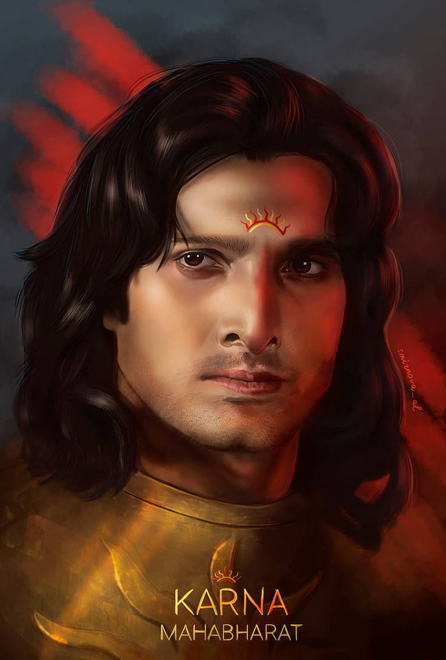Karna from Mahabharat digital art portrait with golden armor and red lighting HD phone wallpaper