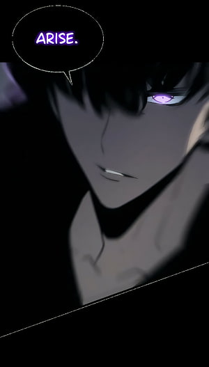 Sung Jin Woo from Solo Leveling with glowing purple eyes in a dark dramatic manhwa panel HD phone wallpaper