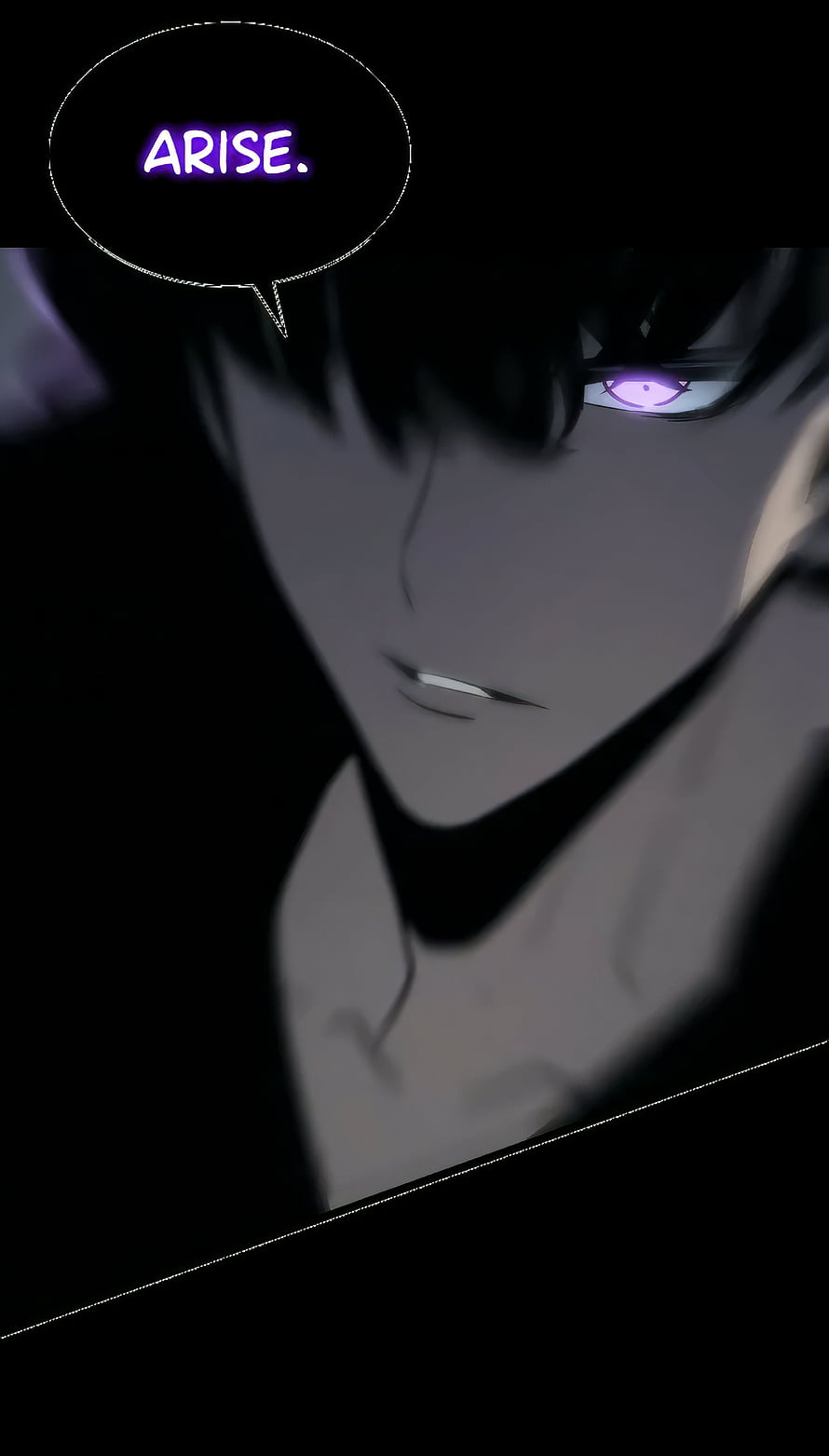 Sung Jin Woo from Solo Leveling with glowing purple eyes in a dark dramatic manhwa panel HD phone wallpaper