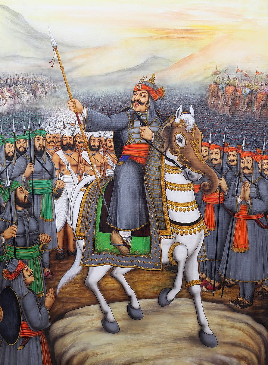 Historical painting of a Mughal emperor on horseback leading a massive army with elephants and soldiers in traditional attire HD phone wallpaper
