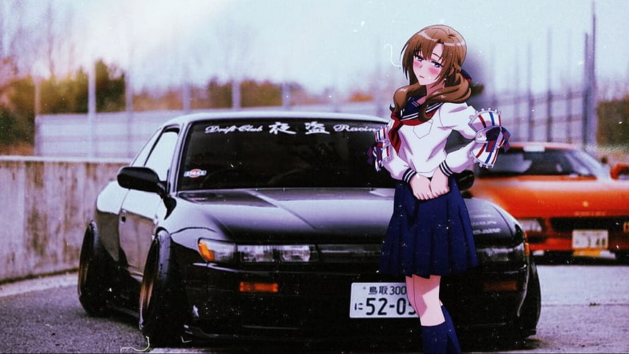 Anime Girl in School Uniform Standing Beside a Black JDM Drift Car on a Track HD wallpaper