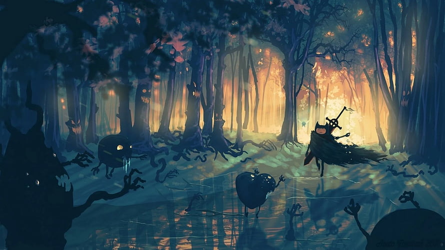 Berserk Dark Fantasy Forest Scene with Guts and Shadowy Creatures HD wallpaper