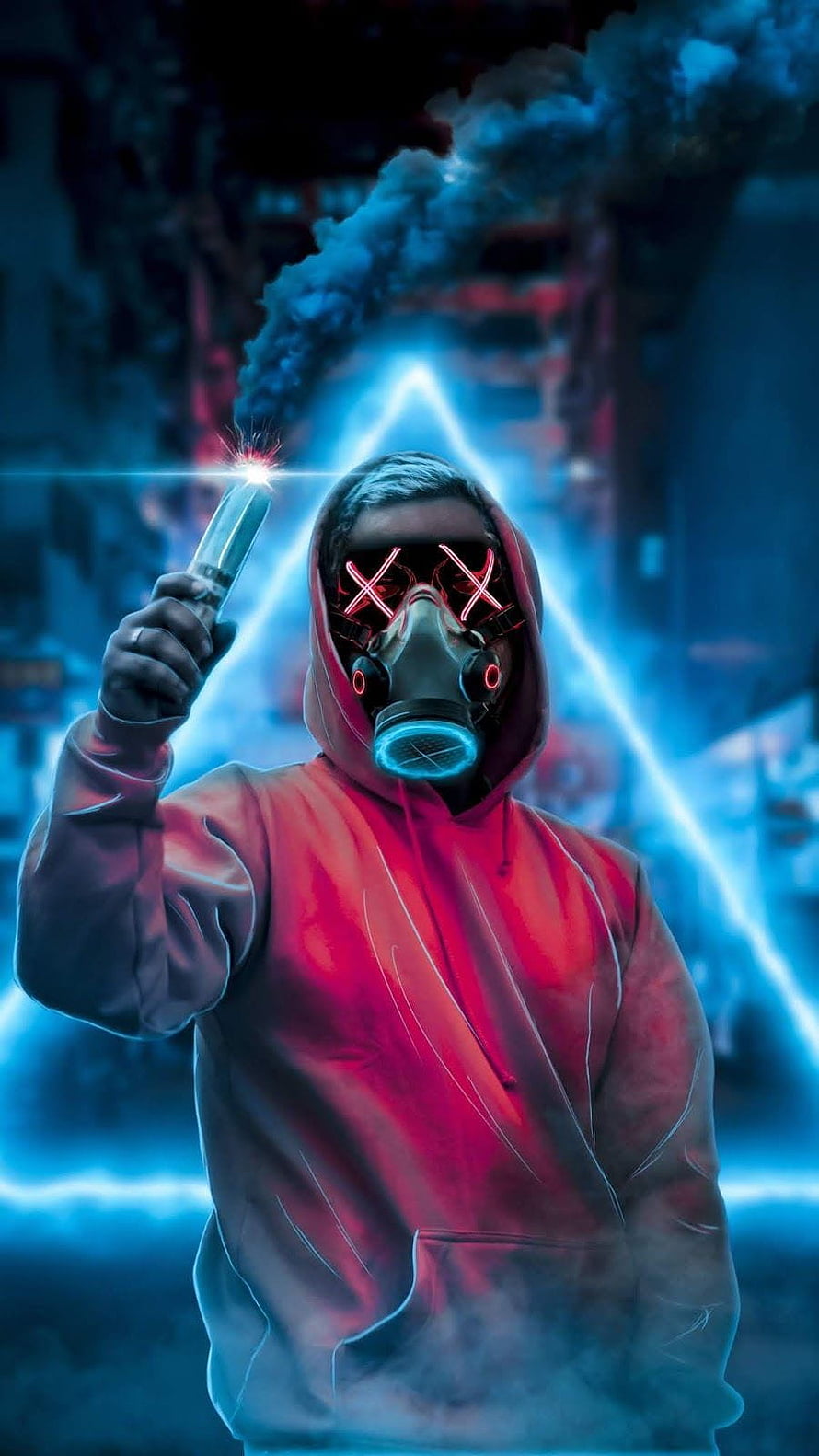 Cyberpunk Hacker in Red Hoodie with Gas Mask and Neon Lights HD phone wallpaper