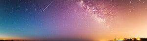 Stunning Night Sky Panorama Featuring Milky Way Galaxy and Shooting Star Over Distant Horizon HD wallpaper