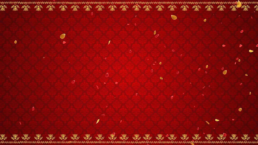 Elegant Red Wedding Background with Gold Floral Border and Floating Petals HD wallpaper
