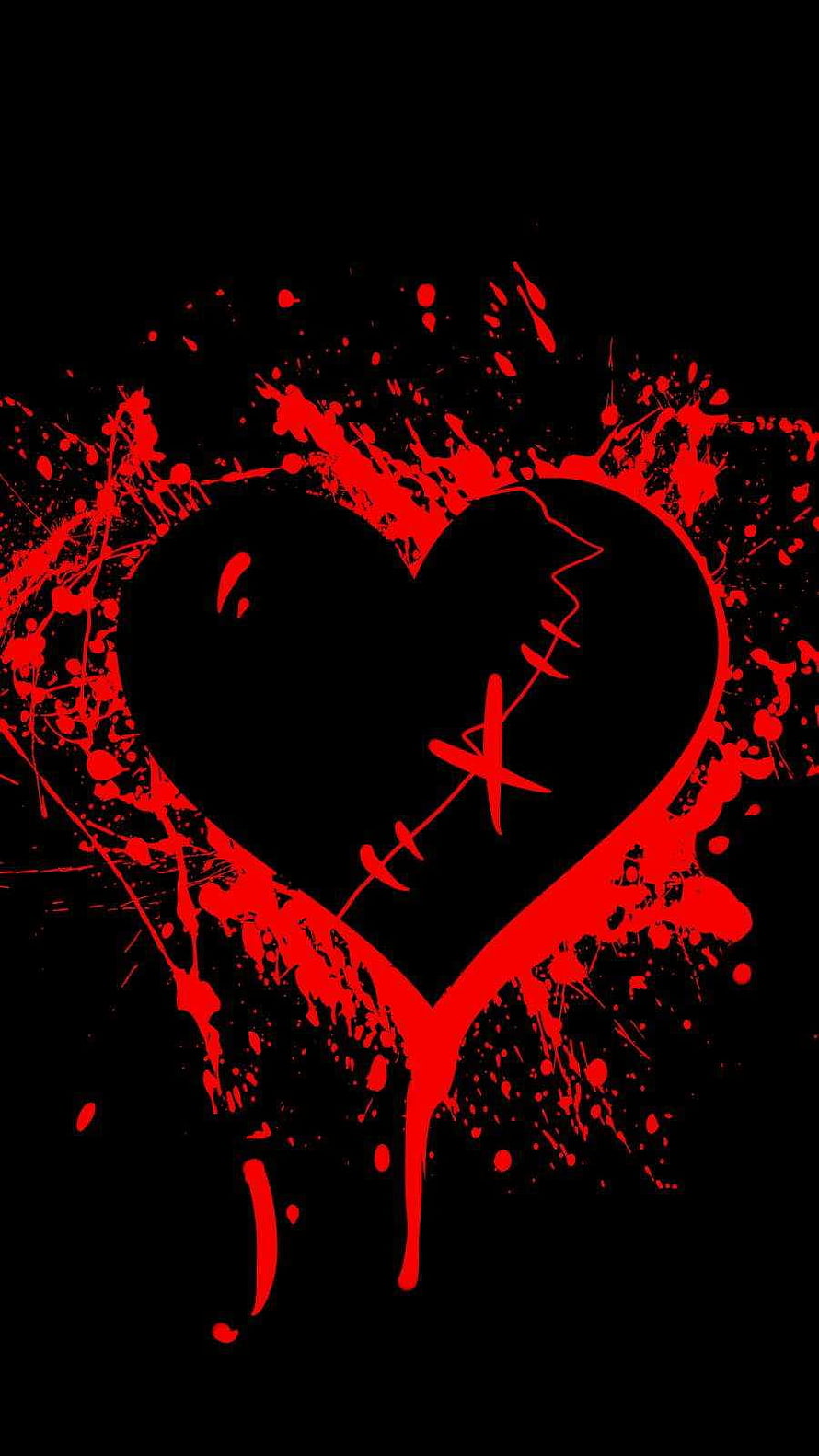 Stitched Broken Heart with Red Paint Splatter on Black Background HD phone wallpaper