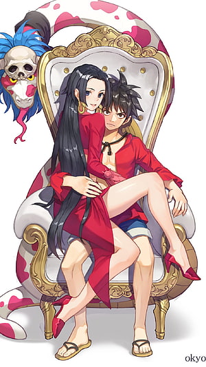 Boa Hancock and Monkey D. Luffy sitting together on a throne in One Piece anime style HD phone wallpaper
