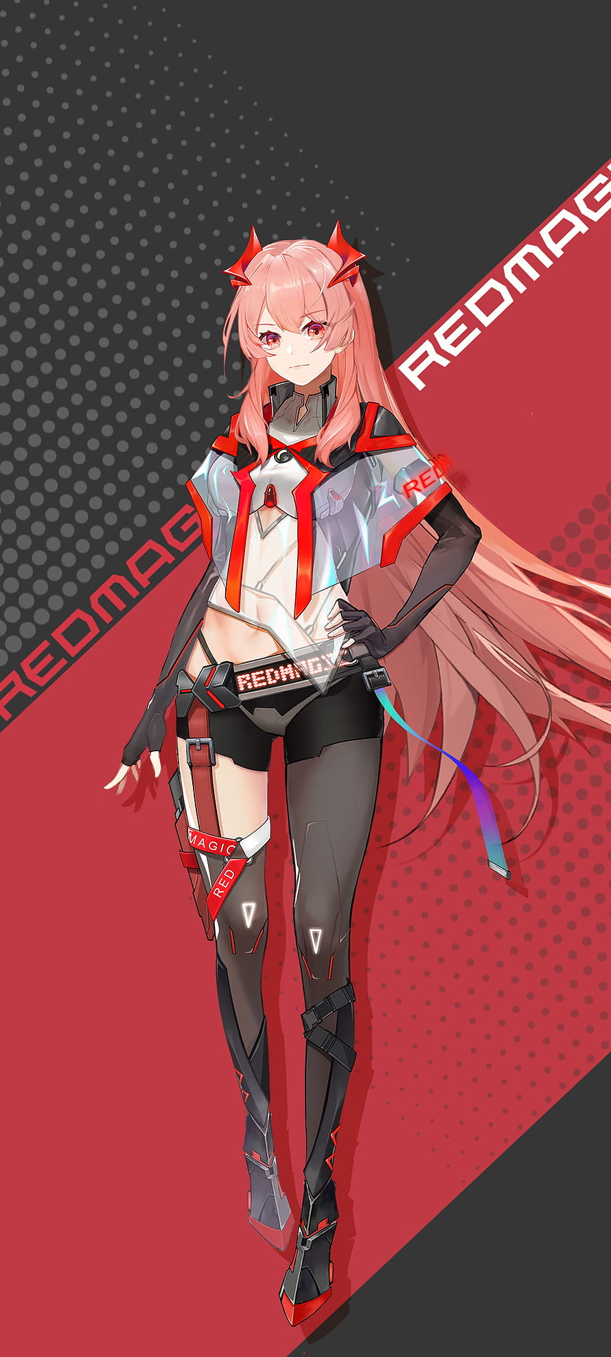 Redmagic Girl Anime Character in Futuristic Red and Black Techwear Outfit HD phone wallpaper