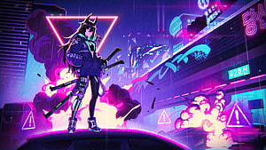 Cyberpunk Anime Girl with Katana in Neon Rainy City HD wallpaper