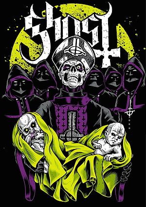 Ghost Papa Emeritus III holding two babies with hooded figures HD phone wallpaper