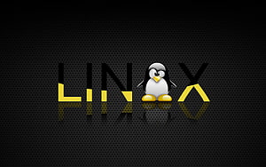 Linux Tux Penguin Logo on Dark Textured Background with Yellow Accents HD wallpaper