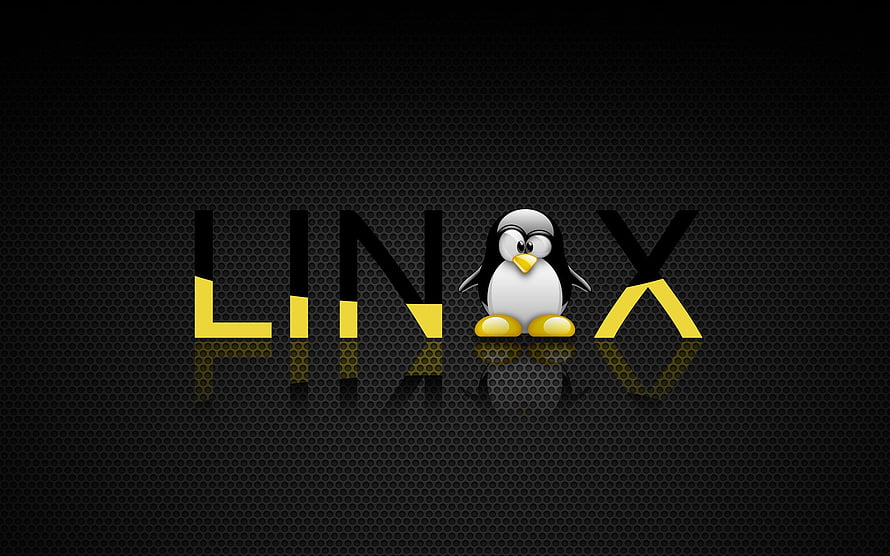 Linux Tux Penguin Logo on Dark Textured Background with Yellow Accents HD wallpaper