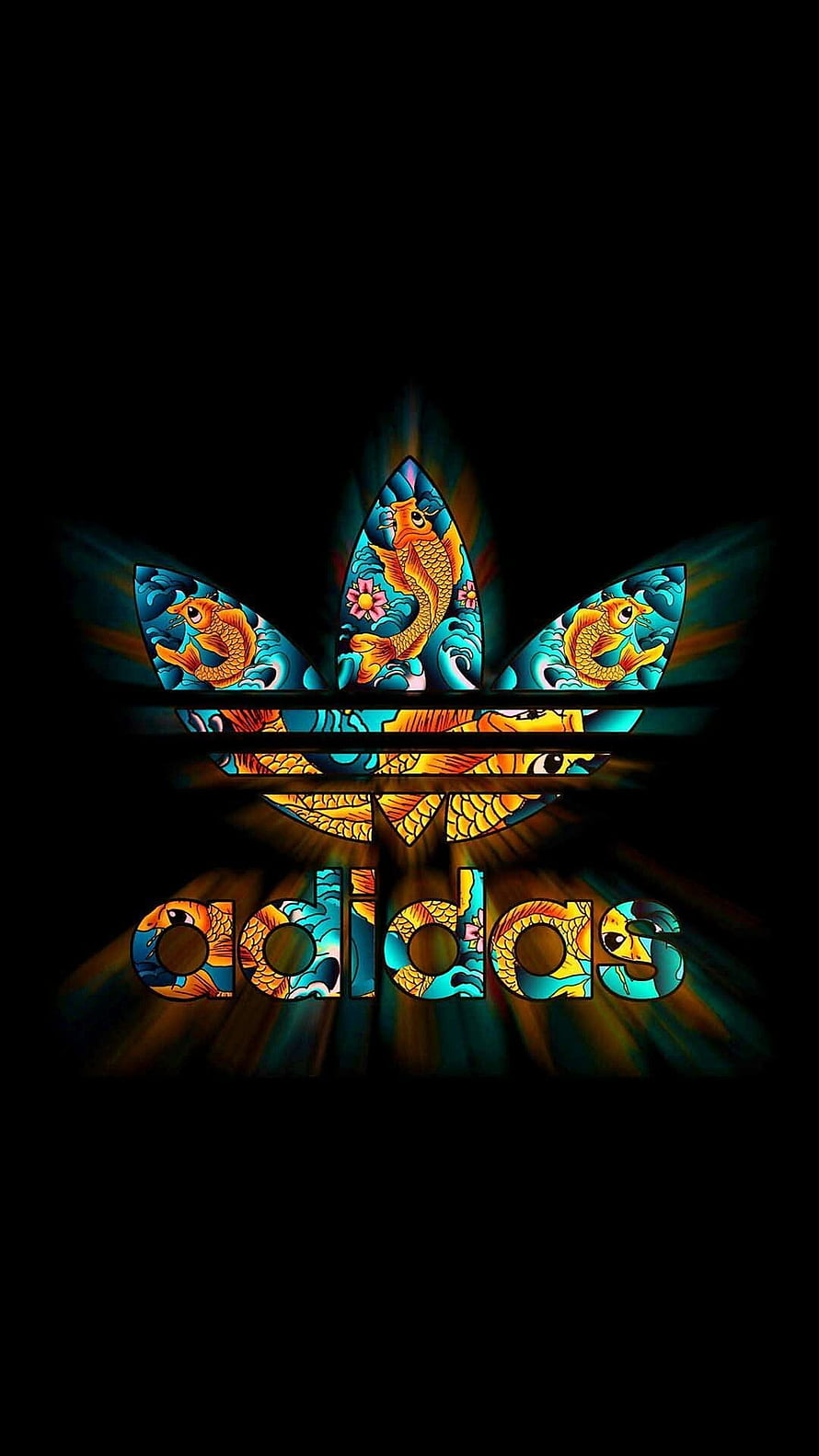 Adidas Trefoil Logo With Colorful Koi Fish And Wave Pattern On Black Background HD phone wallpaper