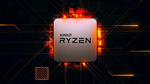 AMD Ryzen Processor with Glowing Circuit Board and Orange Tech Lines on Dark Background HD wallpaper