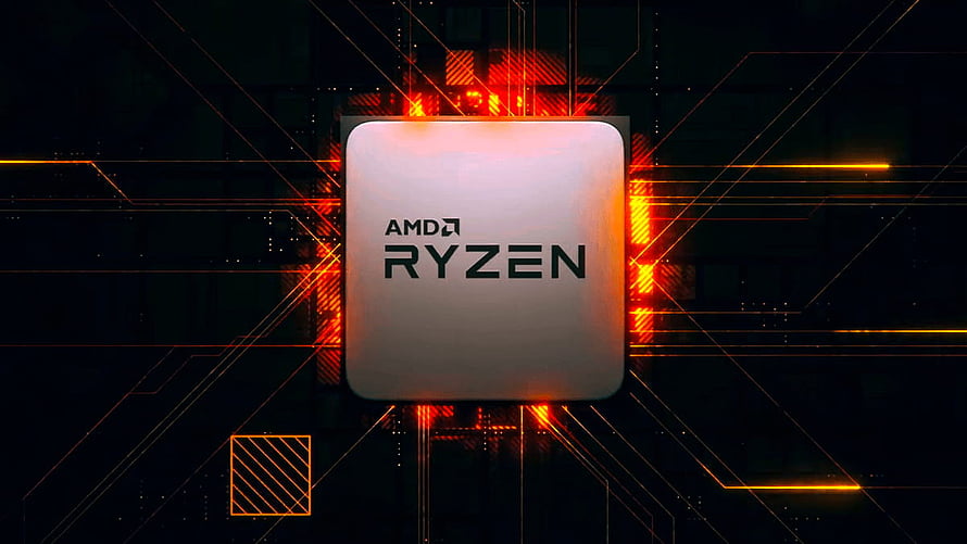 AMD Ryzen Processor with Glowing Circuit Board and Orange Tech Lines on Dark Background HD wallpaper