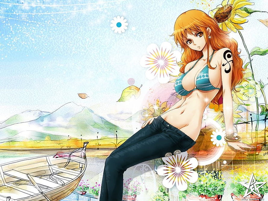 Anime Girl in Bikini and Jeans with Floral Background and Boat HD wallpaper