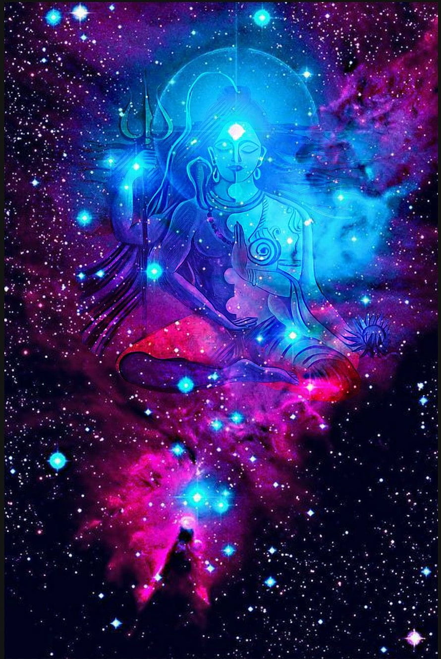 Cosmic Shiva Meditation in Vibrant Nebula with Trishul and Glowing Chakras HD phone wallpaper