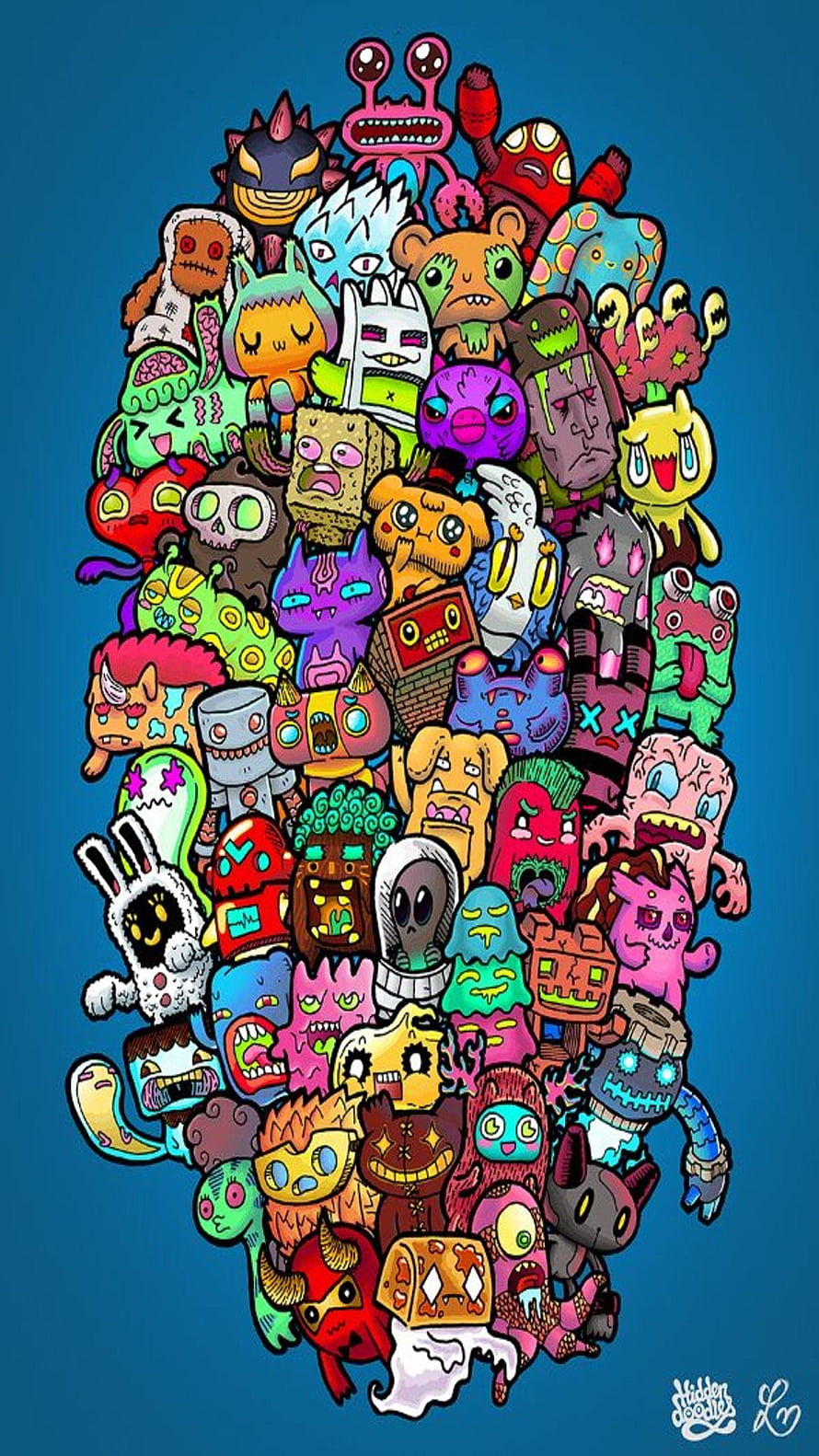 Colorful Doodle Art Monster Collection on Blue Background HD phone wallpaper