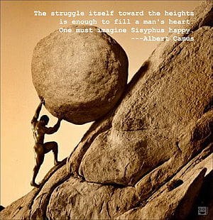 Sisyphus Pushing a Massive Boulder Up a Rocky Hillside in Sepia Tones HD phone wallpaper