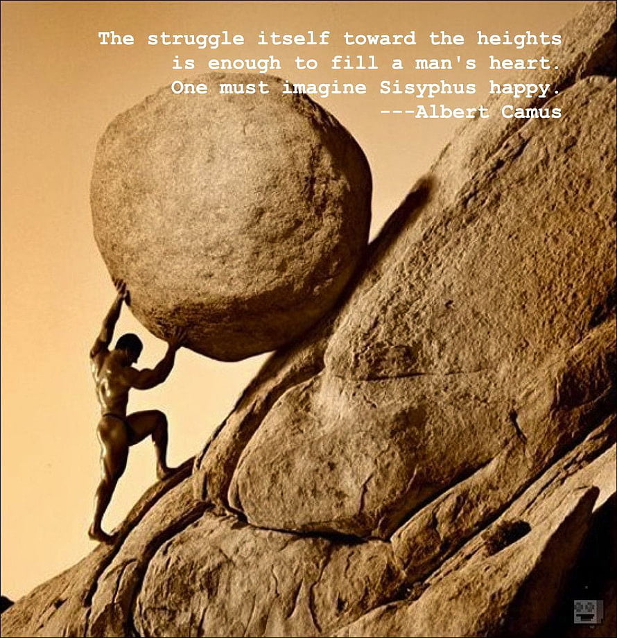 Sisyphus Pushing a Massive Boulder Up a Rocky Hillside in Sepia Tones HD phone wallpaper