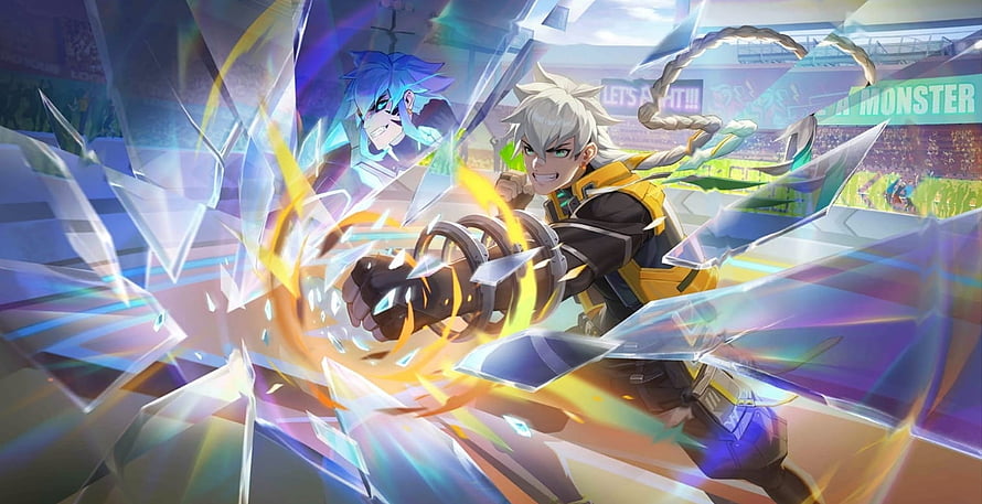 Mobile Legends Bang Bang Character Artwork with Dynamic Energy Effects and Crystal Shards HD wallpaper