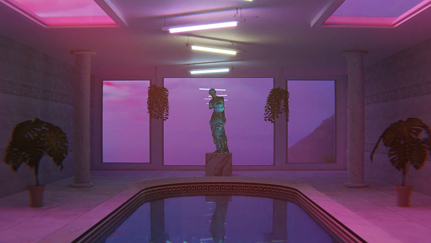 Gummi Venus Liminal Space with Retro Pool, Classical Statue, and Neon Pink Interior HD wallpaper