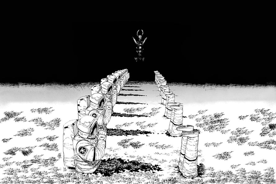 Chainsaw Man Darkness Devil Scene with Rows of Kneeling Figures in Black and White Manga Art, Darkness Devil I Made : ChainsawMan HD wallpaper