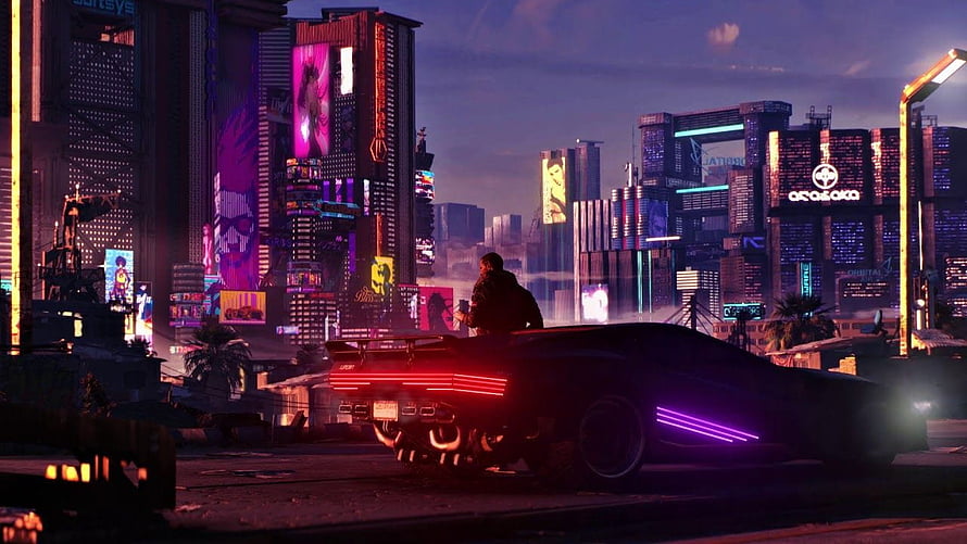 Cyberpunk 2077 Night City Skyline with Neon Sports Car at Dusk HD wallpaper