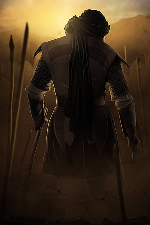 Warrior in Chainmail Armor Standing in Desert Battlefield at Sunset HD phone wallpaper