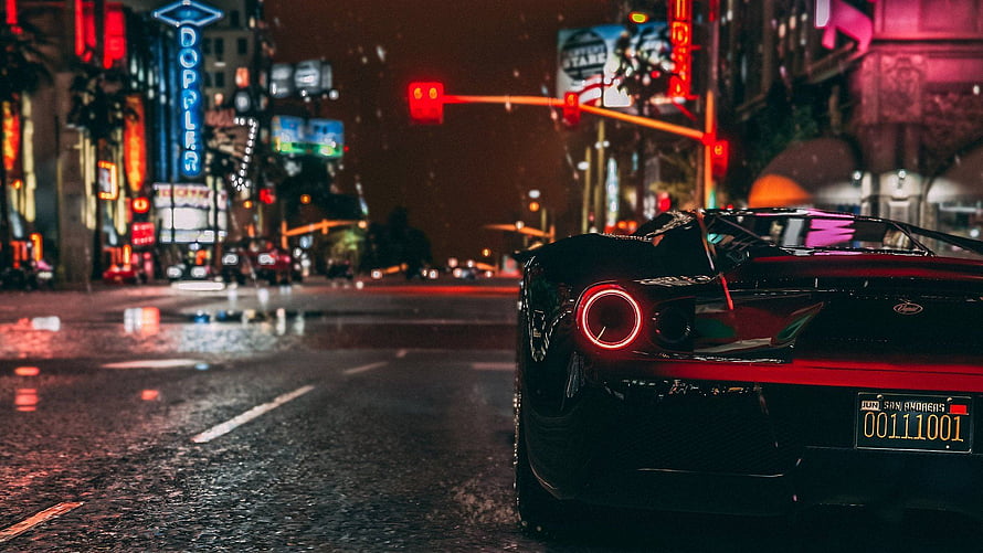 Black Lamborghini Huracan on Rainy Neon City Street at Night HD wallpaper