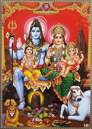 Lord Shiva Family Portrait with Parvati, Ganesha, and Murugan in Traditional Indian Art HD phone wallpaper
