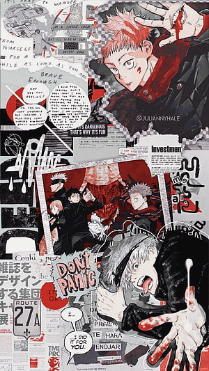Jujutsu Kaisen collage featuring Yuji Itadori, Megumi Fushiguro, and Nobara Kugisaki in a chaotic scrapbook style with text overlays HD phone wallpaper