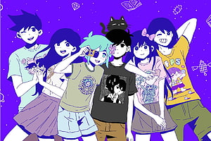 Anime Style Group of Friends Posing Together With Cat On Purple Background HD wallpaper