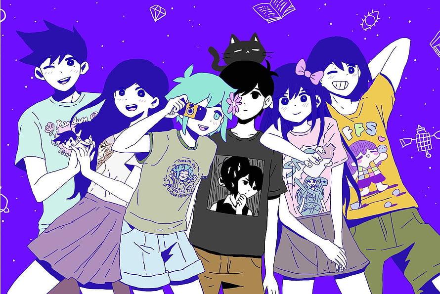 Anime Style Group of Friends Posing Together With Cat On Purple Background HD wallpaper