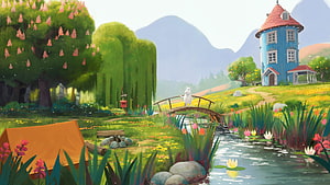 Moomin Character on a Wooden Bridge in a Vibrant Countryside Landscape HD wallpaper