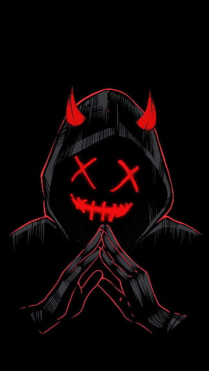 Hooded Demon Figure with Glowing Red X Eyes and Stitched Mouth in Dark Illustration HD phone wallpaper