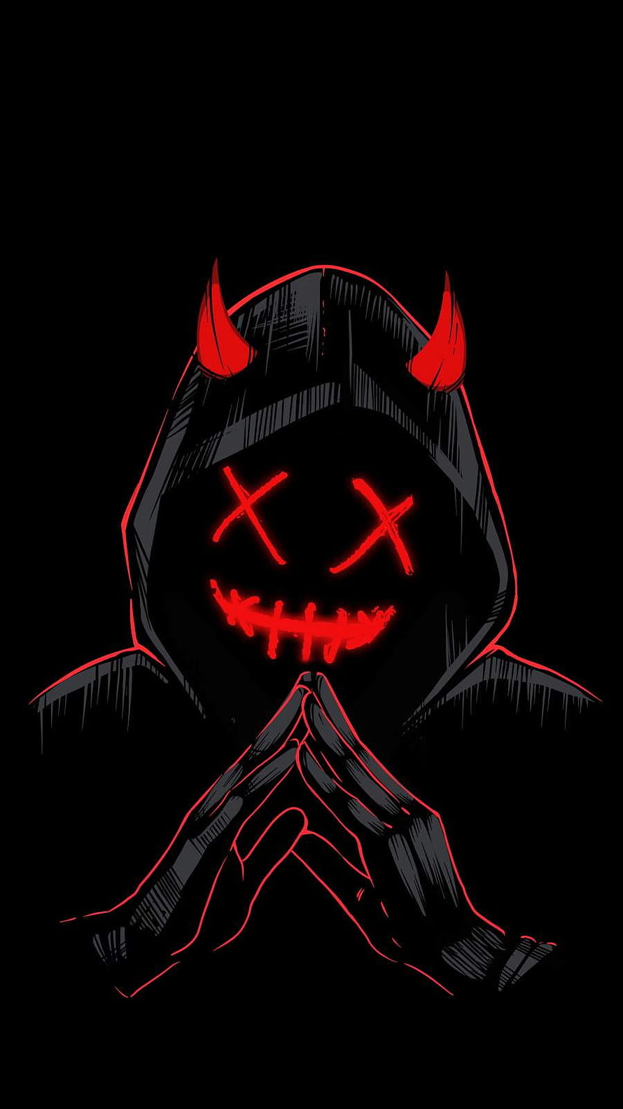 Hooded Demon Figure with Glowing Red X Eyes and Stitched Mouth in Dark Illustration HD phone wallpaper