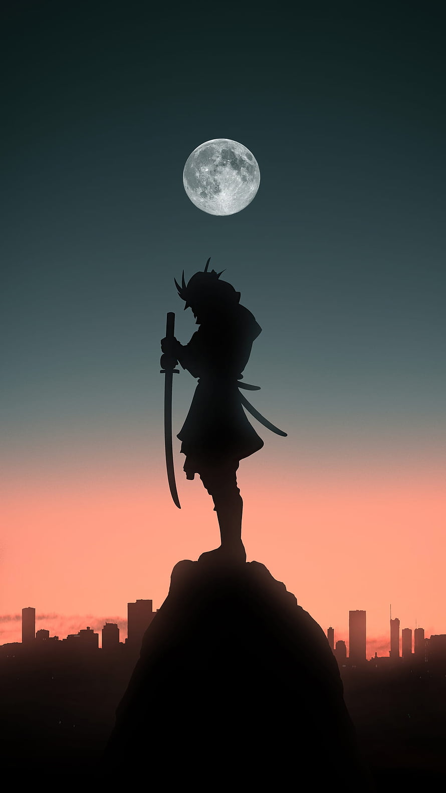 Silhouette of a Samurai Warrior Standing on a Cliff Under a Full Moon at Sunset HD phone wallpaper