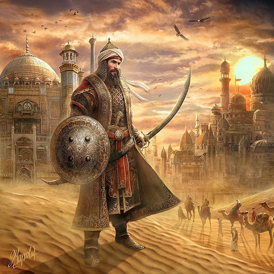 Arab Warrior with Scimitar and Shield in Desert City at Sunset HD phone wallpaper